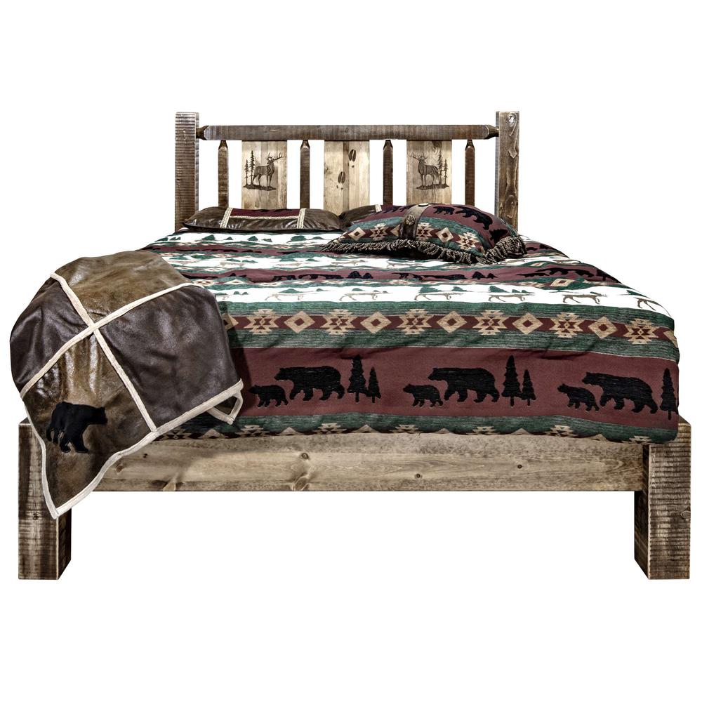 Homestead Collection King Platform Bed w/ Laser Engraved Elk Design, Stain & Clear Lacquer Finish. Picture 2