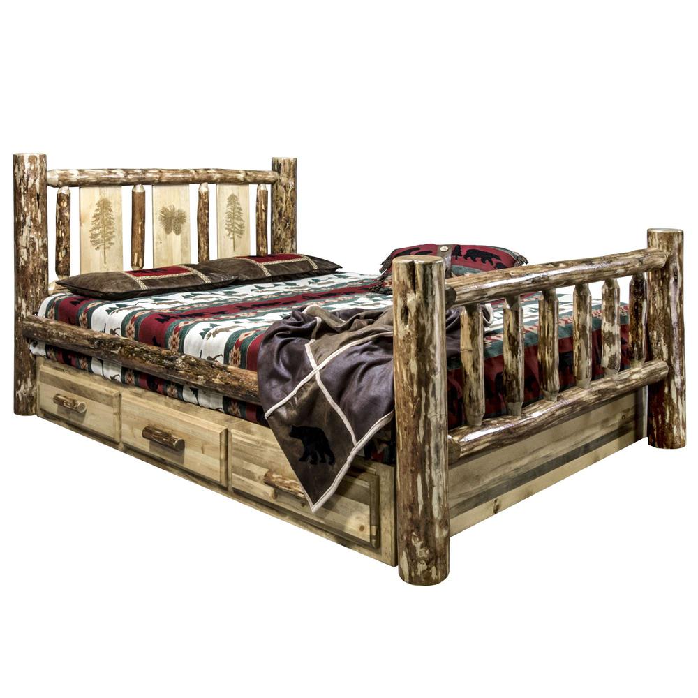 Glacier Country Collection King Storage Bed w/ Laser Engrave Pine Design. Picture 1