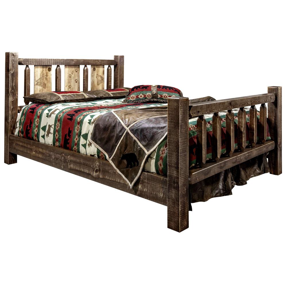 Homestead Collection King Bed w/ Laser Engraved Wolf Design, Stain & Clear Lacquer Finish. Picture 1