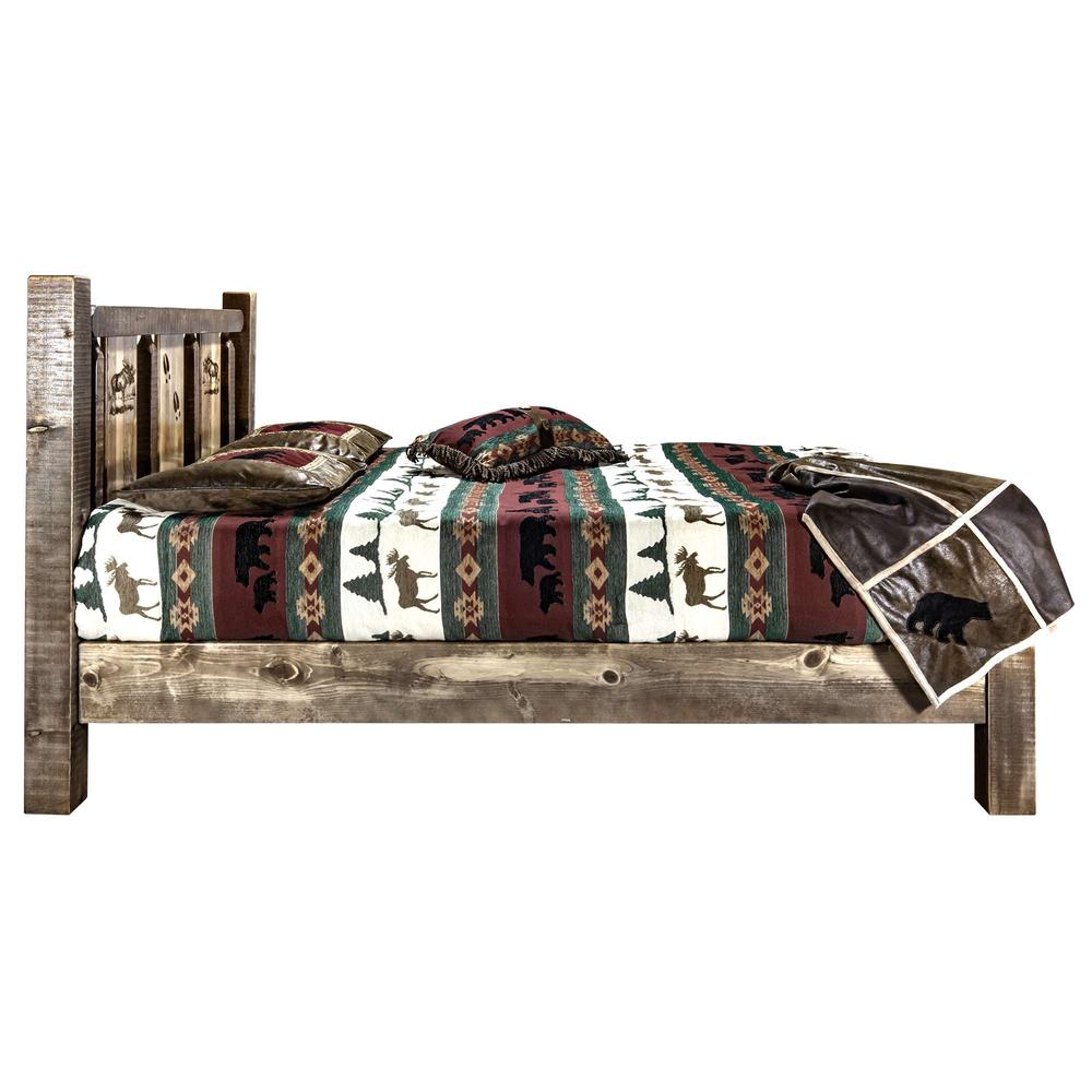 Homestead Collection King Platform Bed w/ Laser Engraved Moose Design, Stain & Clear Lacquer Finish. Picture 4