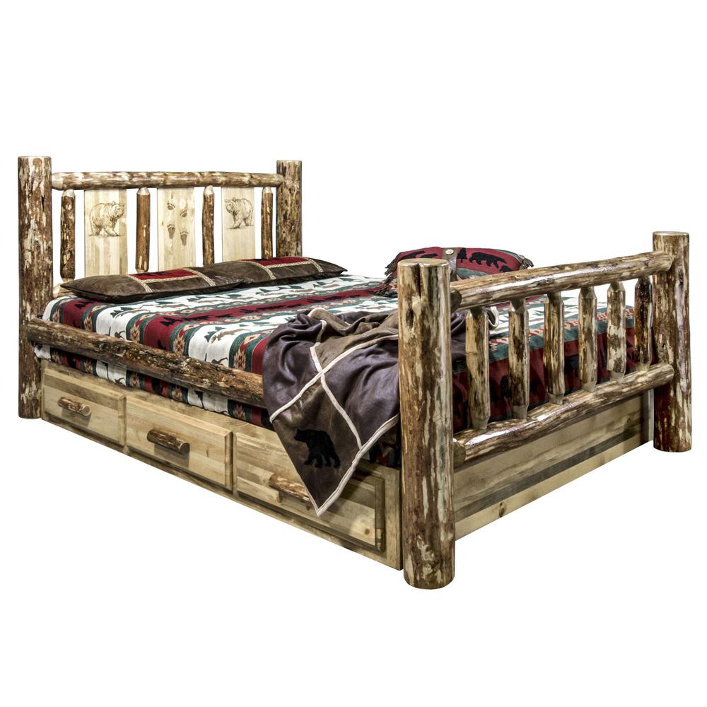 Glacier Country Collection King Storage Bed w/ Laser Engraved Bear Design. Picture 1
