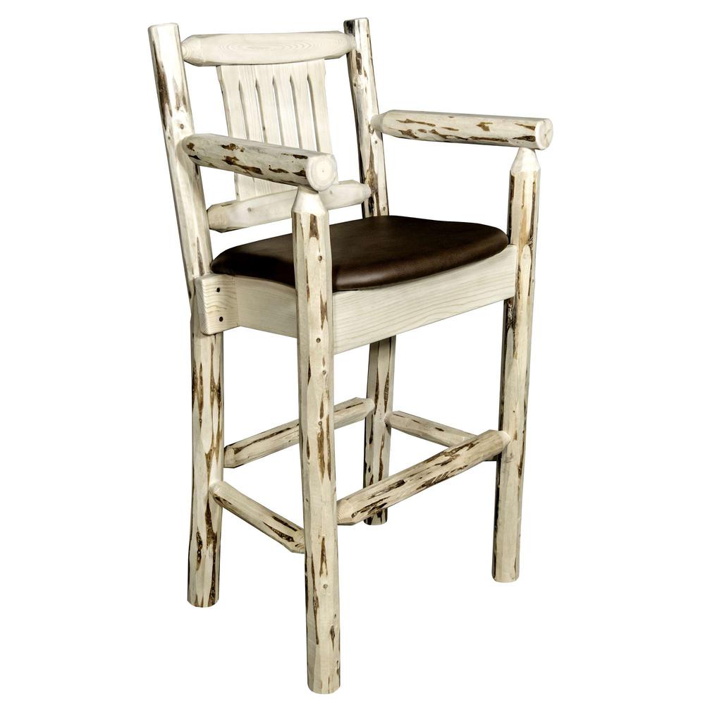 Montana Collection Counter Height Captain's Barstool - Saddle Upholstery, Clear Lacquer Finish. Picture 1