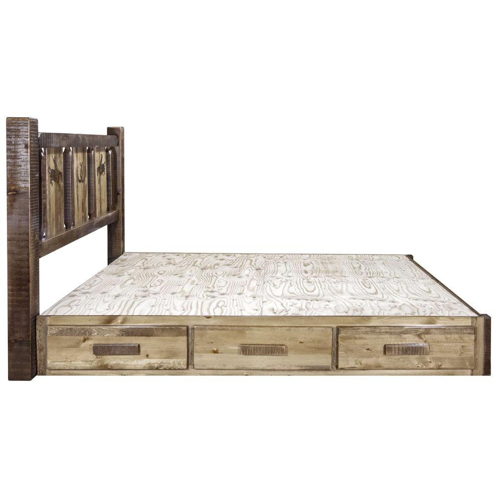 Homestead Collection Platform Bed w/ Storage, King w/ Laser Engraved Bronc Design, Stain & Clear Lacquer Finish. Picture 5