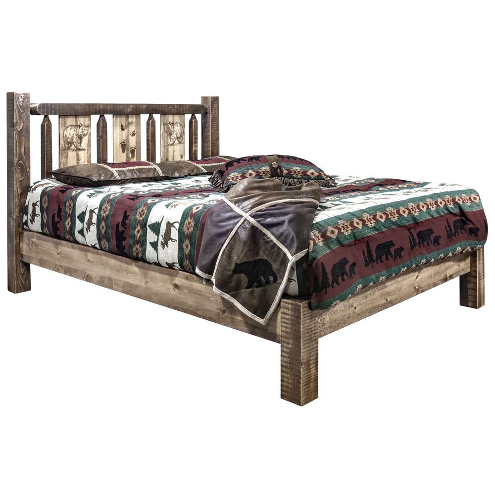 Homestead Collection King Platform Bed w/ Laser Engraved Bear Design, Stain & Clear Lacquer Finish. Picture 1