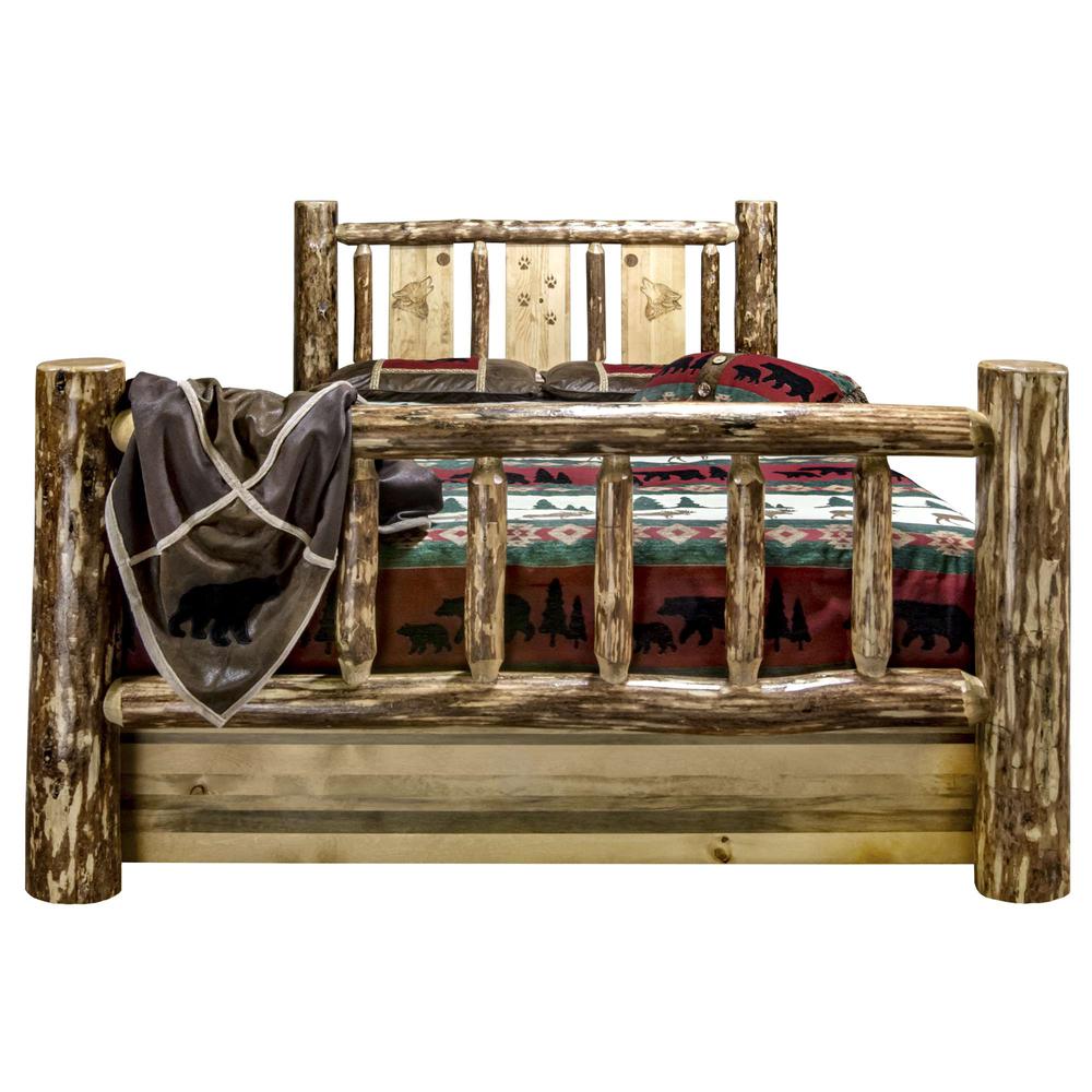 Glacier Country Collection King Storage Bed w/ Laser Engraved Wolf Design. Picture 2