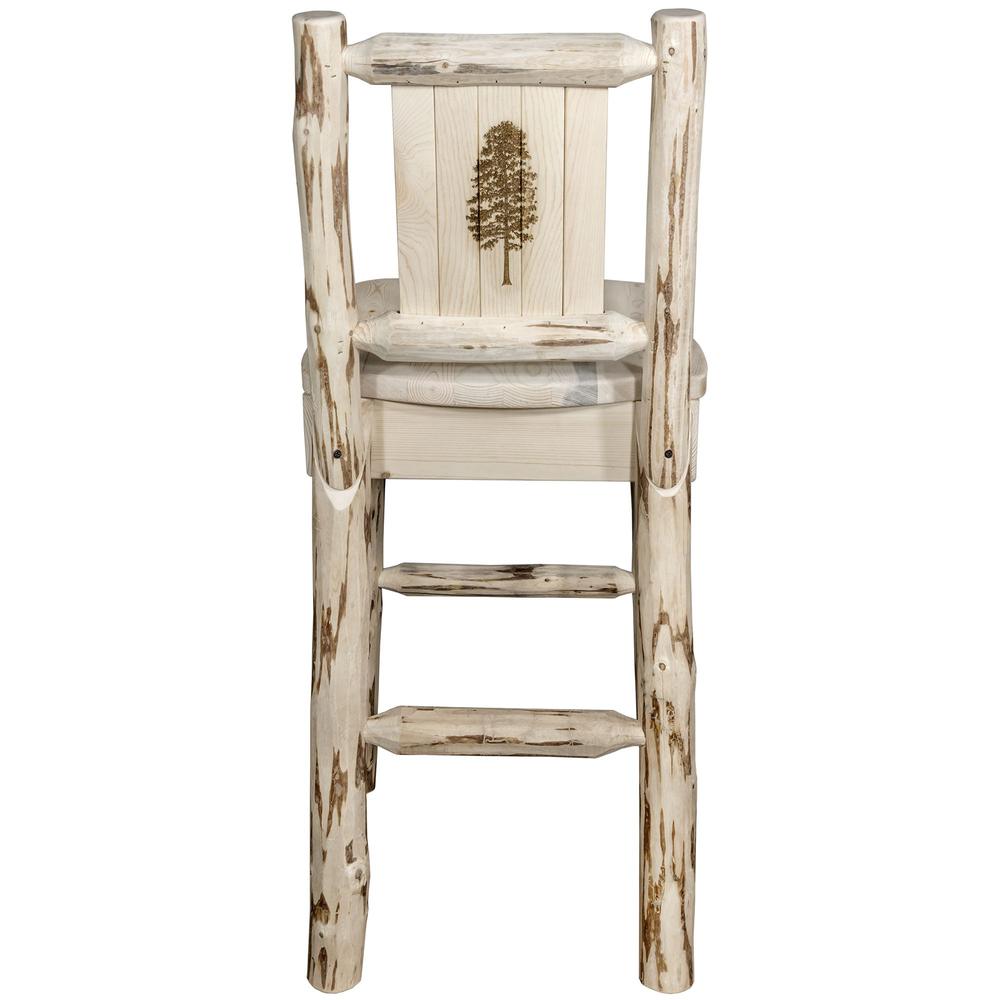 Montana Collection Barstool w/ Back, w/ Laser Engraved Pine Tree Design, Clear Lacquer Finish. Picture 2