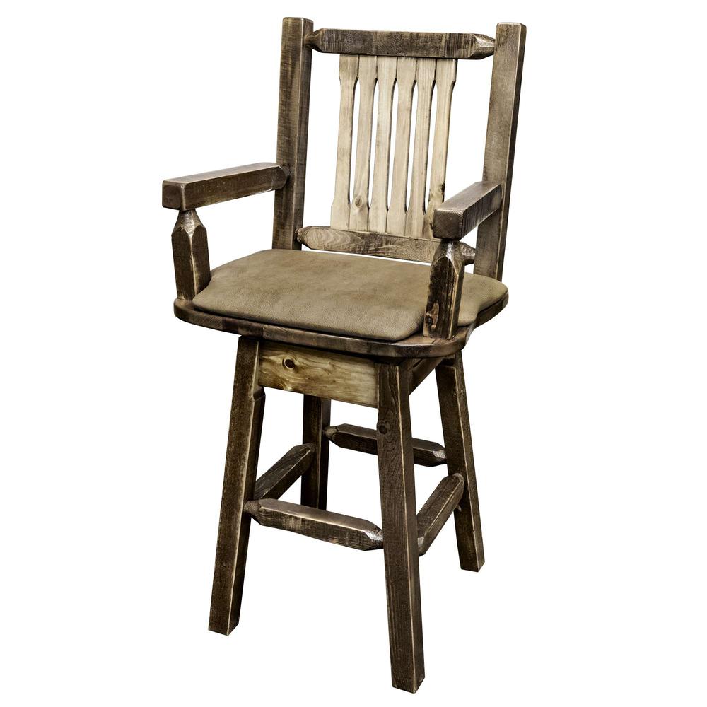 Homestead Collection Captain's Barstool w/ Back & Swivel, Stain & Lacquer Finish w/ Upholstered Seat, Buckskin Pattern. Picture 3