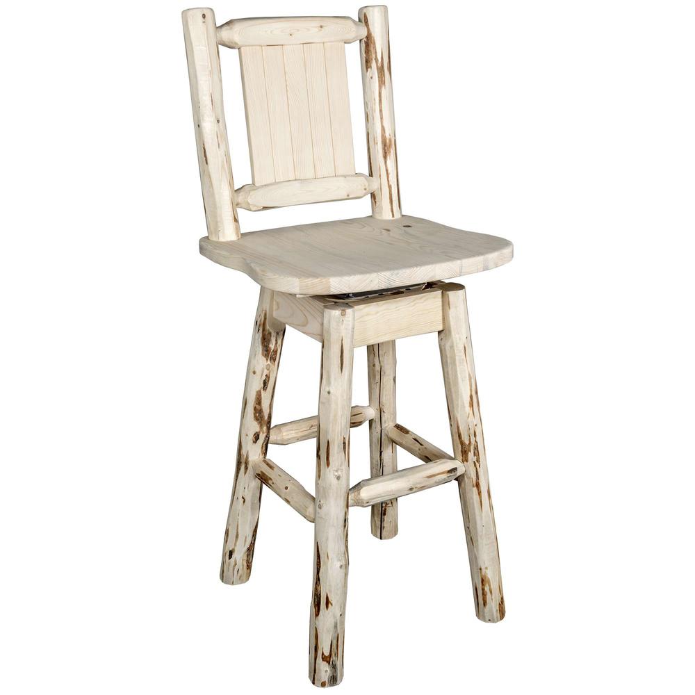 Montana Collection Barstool w/ Back & Swivel w/ Laser Engraved Moose Design, Clear Lacquer Finish. Picture 3