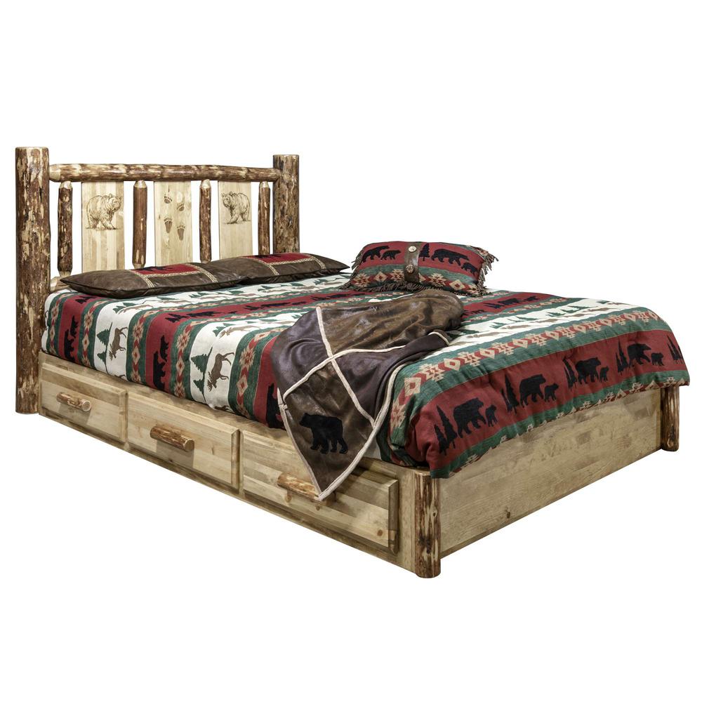 Glacier Country Collection Platform Bed w/ Storage, California King w/ Laser Engraved Bear Design. Picture 1