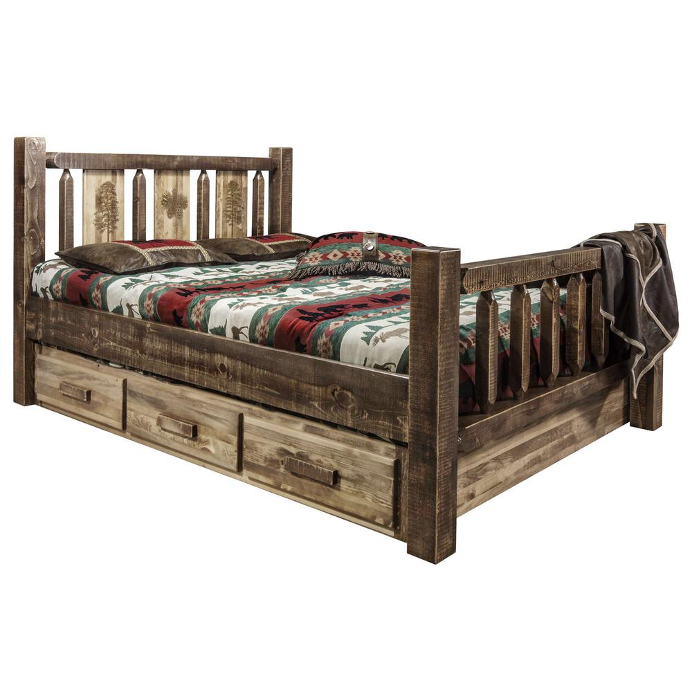 Homestead Collection California King Storage Bed w/ Laser Engraved Pine Design, Stain & Clear Lacquer Finish. Picture 1