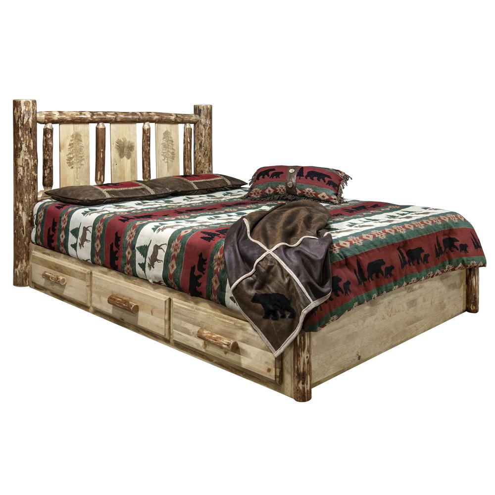 Glacier Country Collection Platform Bed w/ Storage, California King w/ Laser Engraved Pine Design. Picture 1