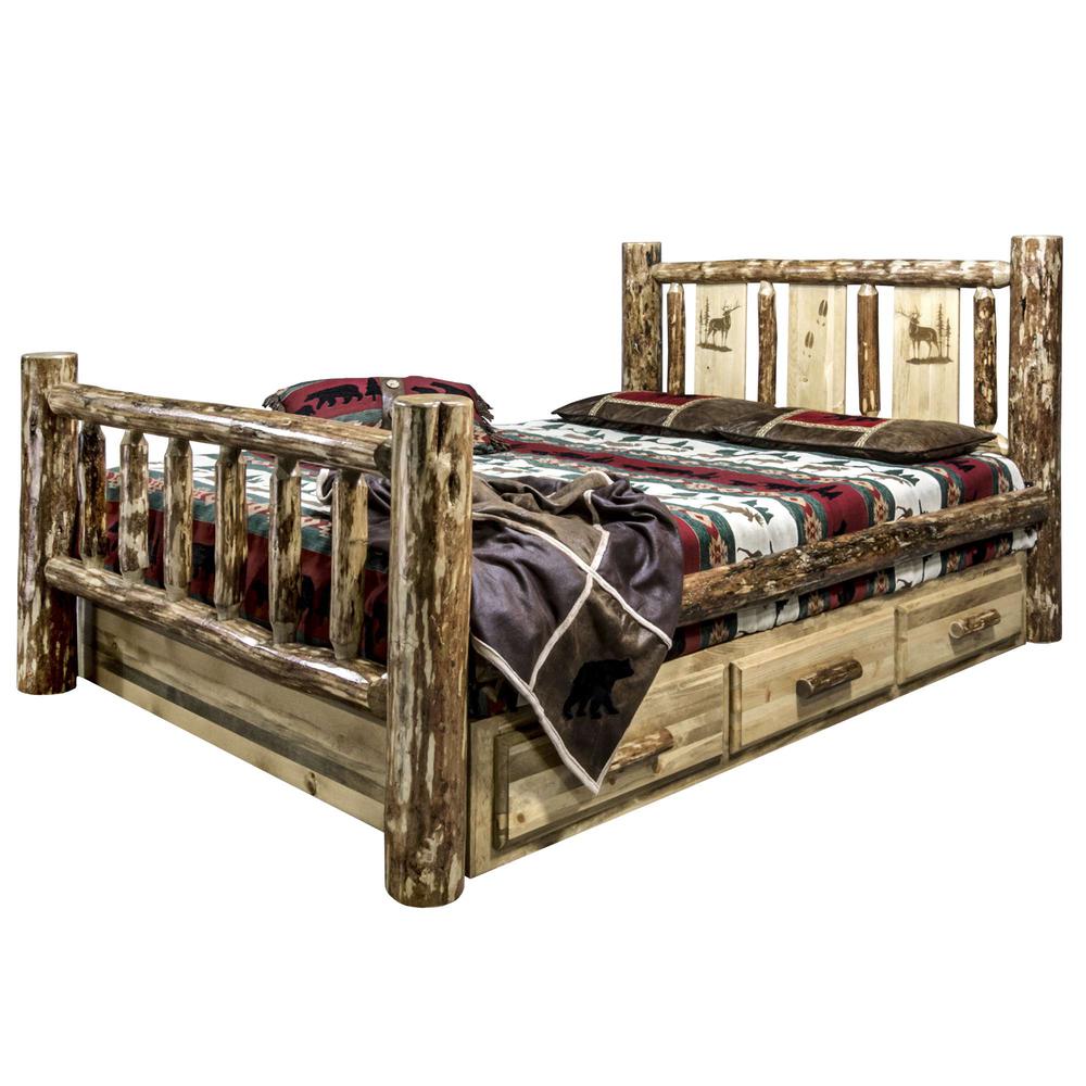 Glacier Country Collection California King Storage Bed w/ Laser Engraved Elk Design. Picture 3