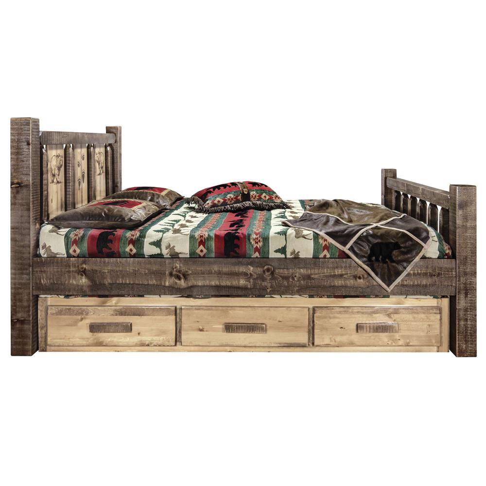 Homestead Collection California King Storage Bed w/ Laser Engraved Bear Design, Stain & Clear Lacquer Finish. Picture 4