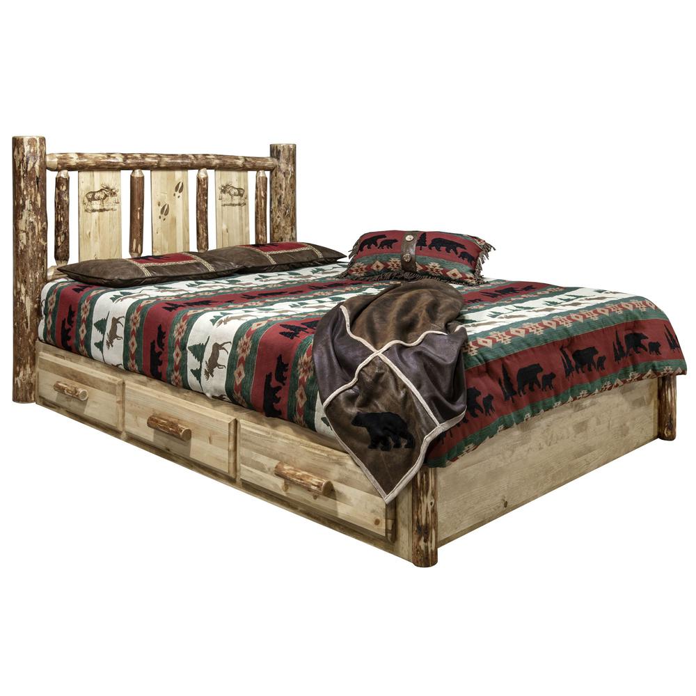 Glacier Country Collection Platform Bed w/ Storage, California King w/ Laser Engraved Moose Design. Picture 1