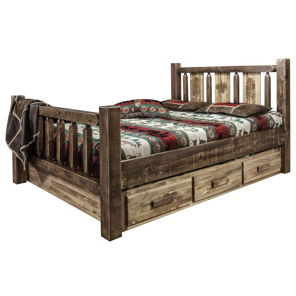Homestead Collection California King Storage Bed w/ Laser Engraved Pine Design, Stain & Clear Lacquer Finish. Picture 3