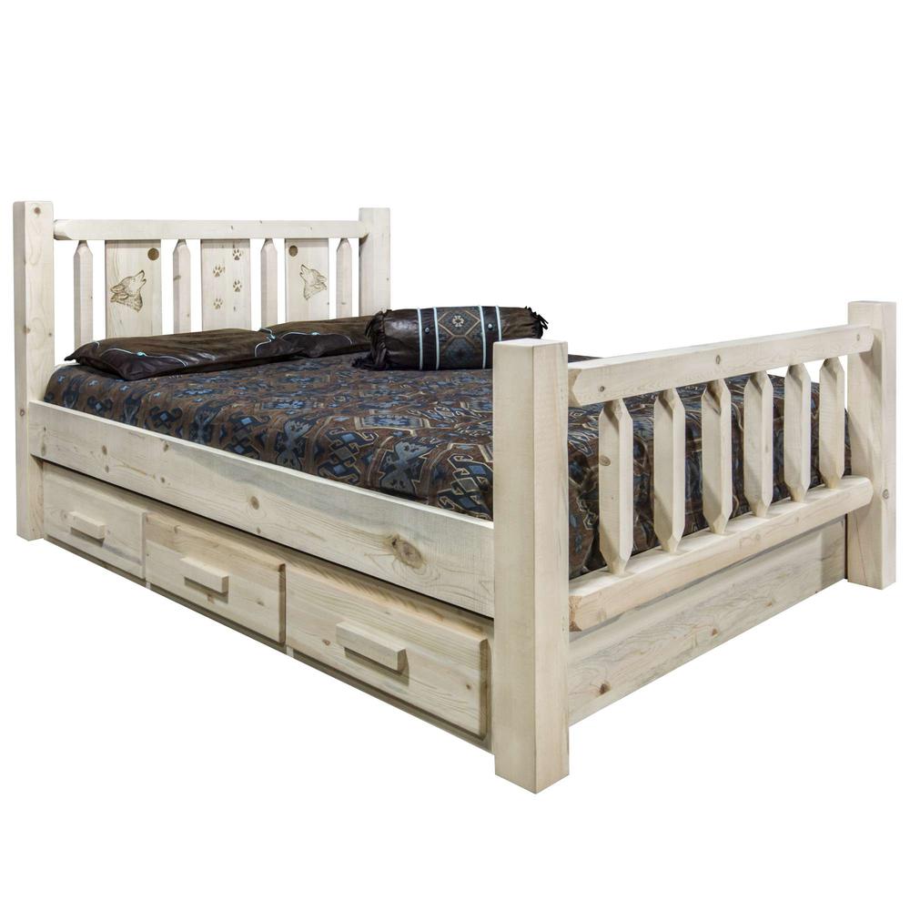 Homestead Collection King Storage Bed w/ Laser Engraved Wolf Design, Ready to Finish. Picture 1