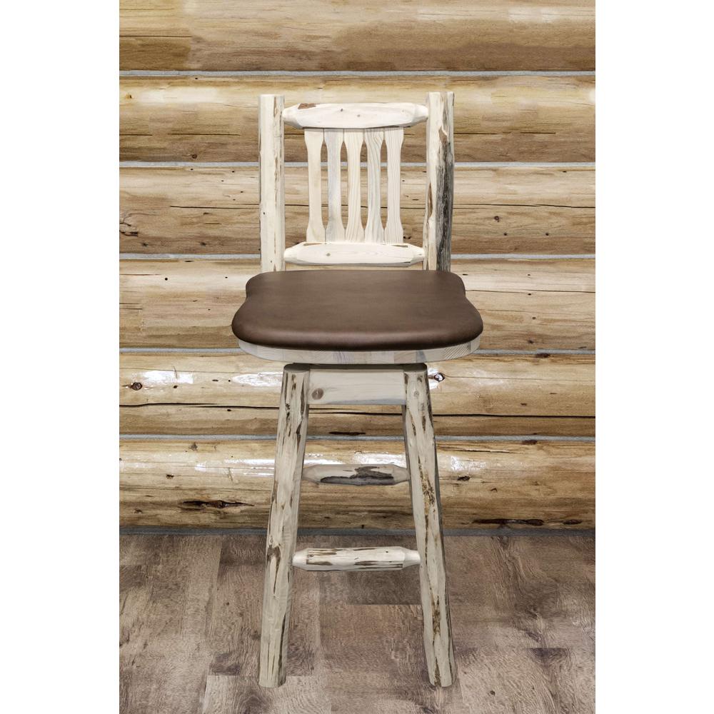 Montana Collection Barstool w/ Back & Swivel, Clear Lacquer Finish w/ Upholstered Seat, Saddle Pattern. Picture 3