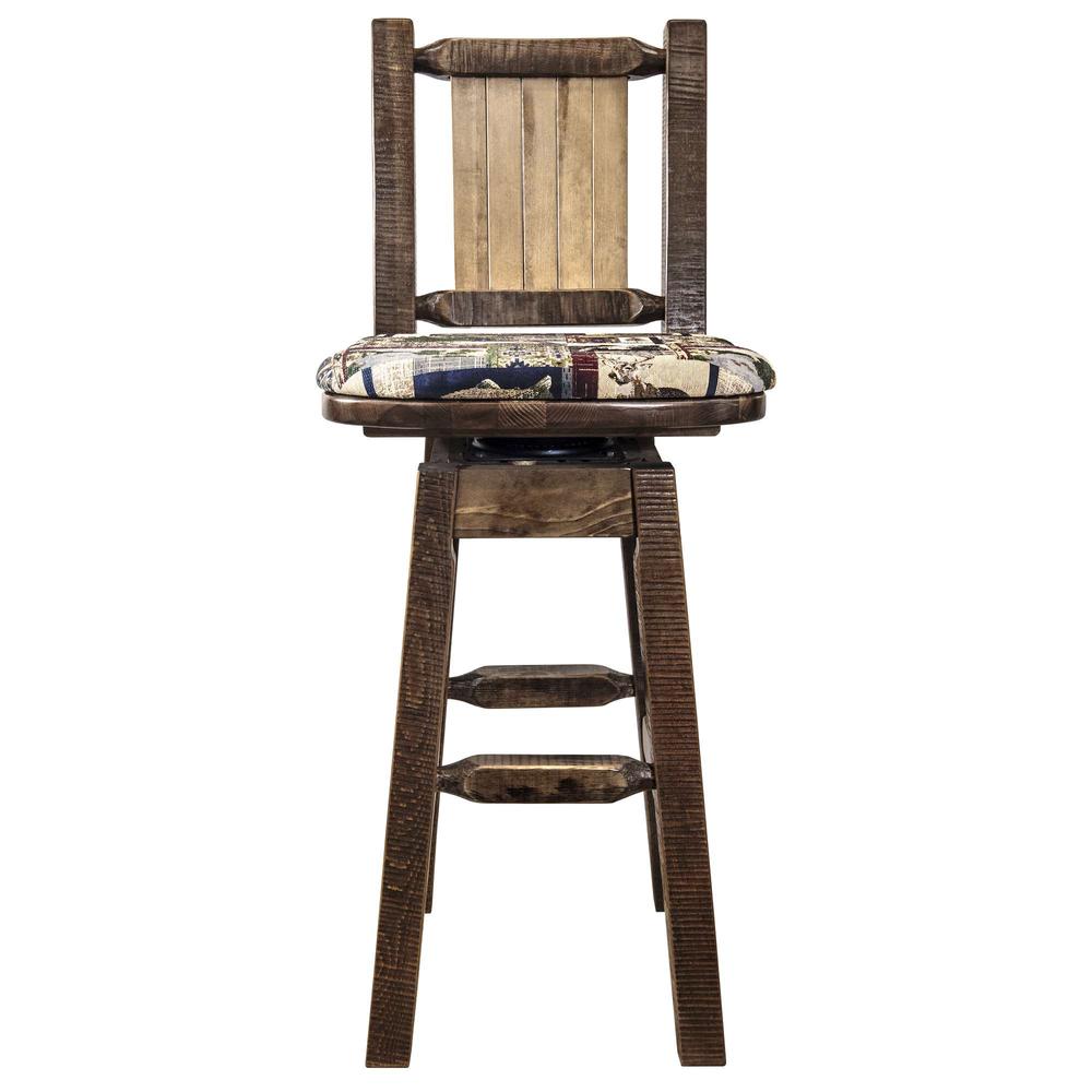 Homestead Collection Barstool w/ Back & Swivel, Woodland Pattern Upholstery w/ Laser Engraved Pine Tree Design. Picture 4