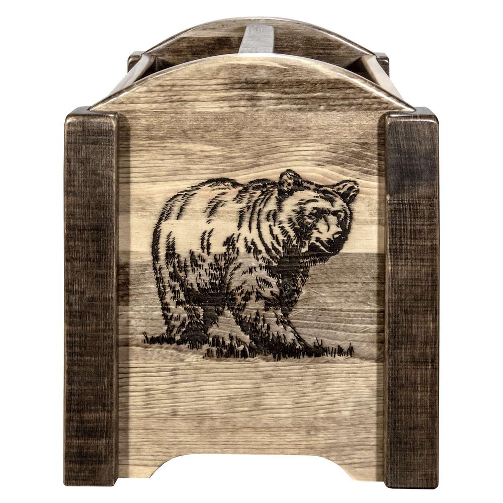Homestead Collection Magazine Rack w/ Laser Engraved Bear Design, Stain & Clear Lacquer Finish. Picture 2