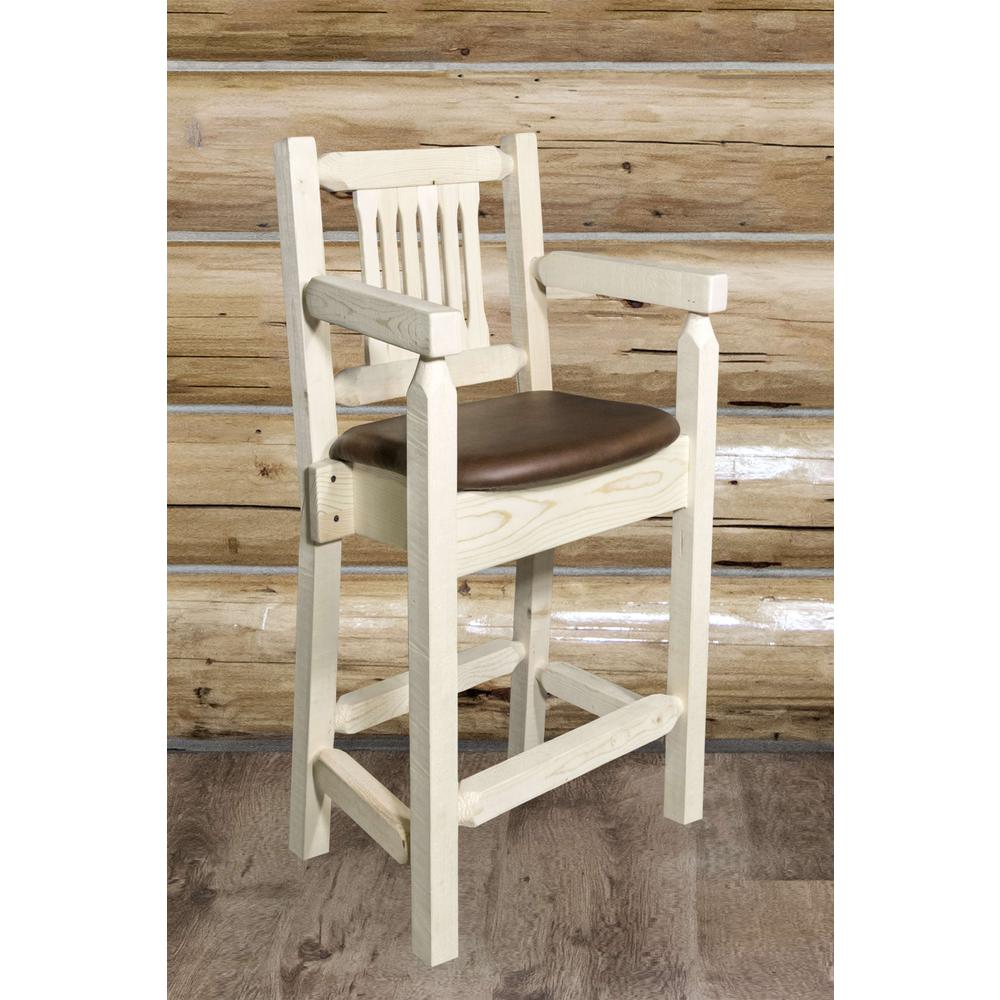 Homestead Collection Counter Height Captain's Barstool - Saddle Upholstery, Clear Lacquer Finish. Picture 3