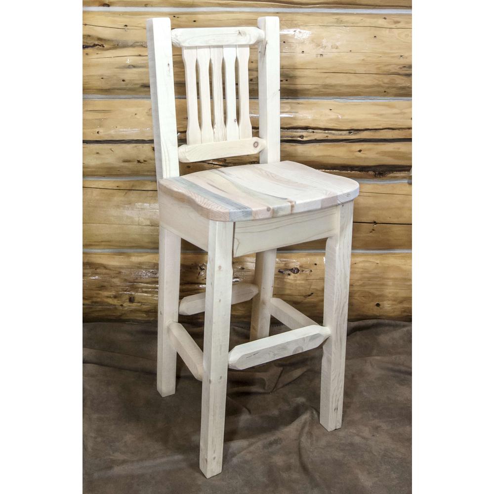 Homestead Collection Barstool w/ Back, Clear Lacquer Finish w/ Ergonomic Wooden Seat. Picture 3
