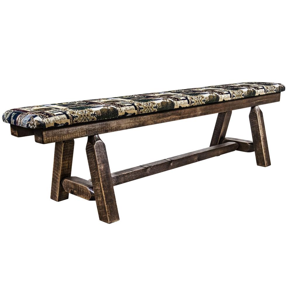 Homestead Collection Plank Style Bench, Stain & Clear Lacquer Finish, 6 Foot w/ Woodland Upholstery. Picture 1