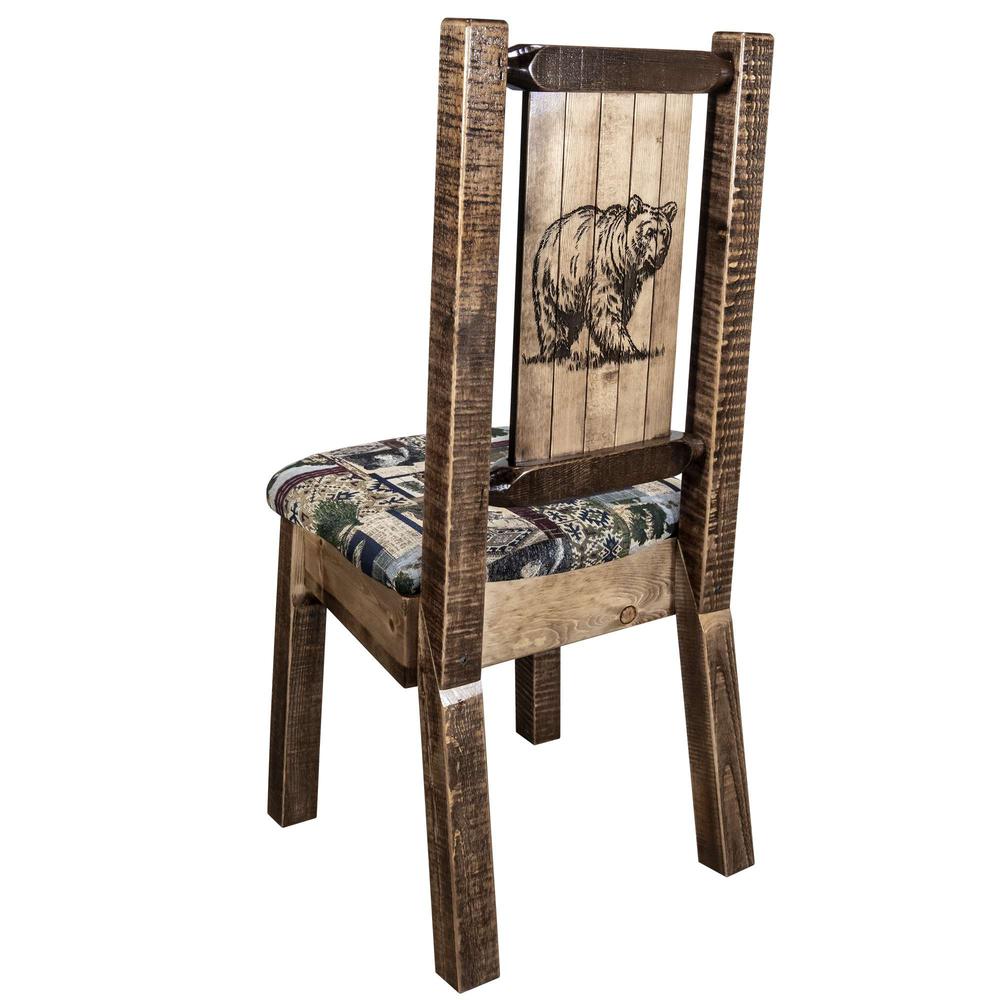 Homestead Collection Side Chair - Woodland Upholstery w/ Laser Engraved Bear Design, Stain & Lacquer Finish. Picture 1