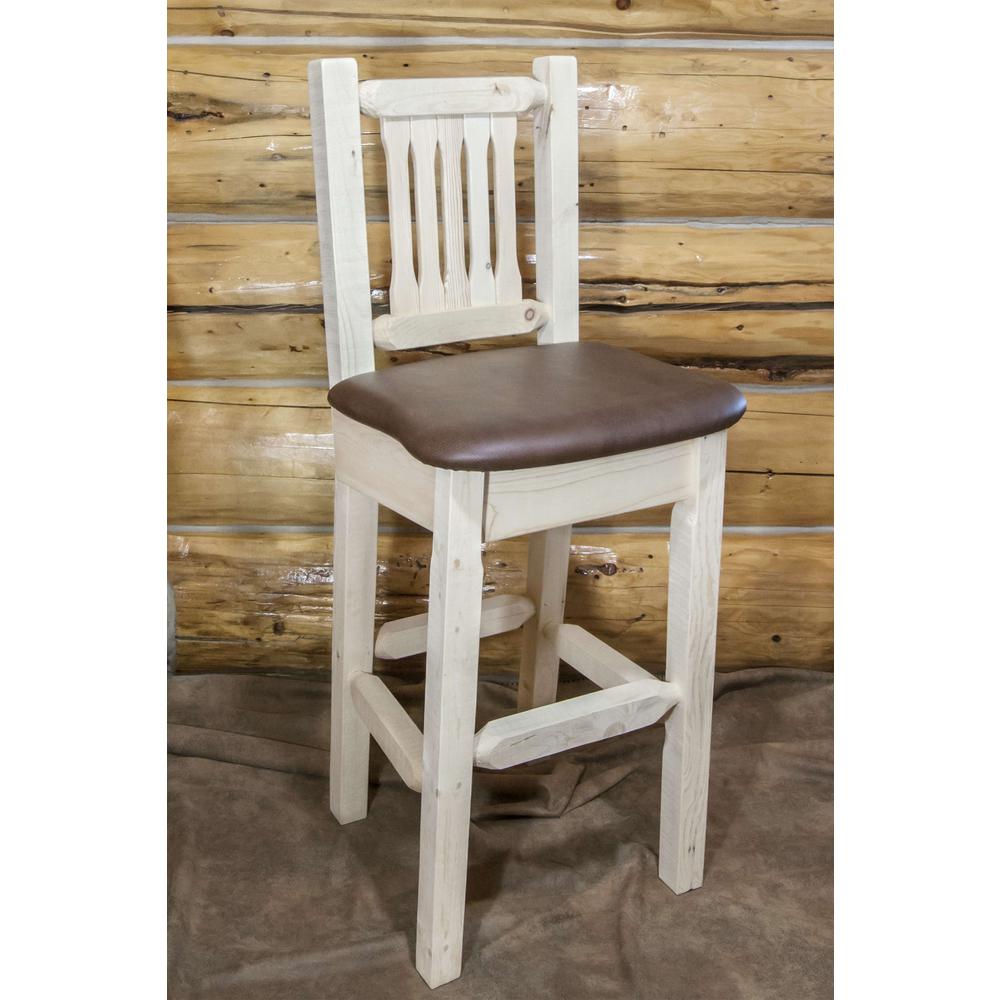 Homestead Collection Barstool w/ Back, Clear Lacquer Finish w/ Upholstered Seat, Saddle Pattern. Picture 3
