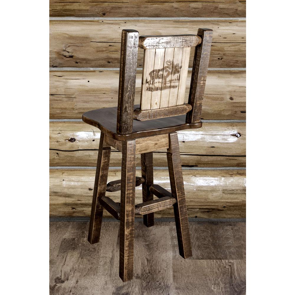Homestead Collection Barstool w/ Back & Swivel w/ Laser Engraved Moose Design, Stain & Lacquer Finish. Picture 6