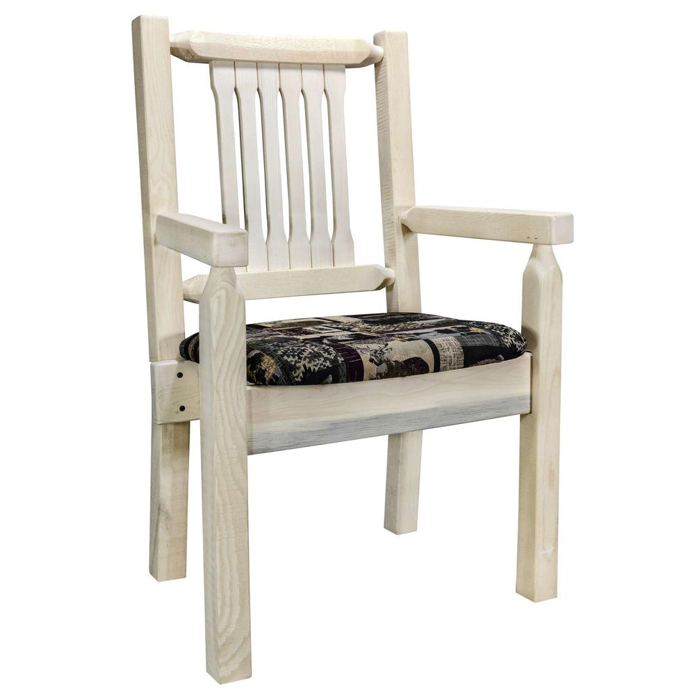 Homestead Collection Captain's Chair, Clear Lacquer Finish w/ Upholstered Seat, Woodland Pattern. Picture 1