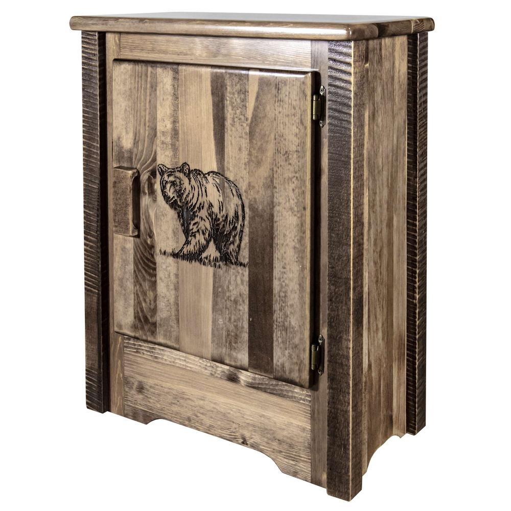 Homestead Collection Accent Cabinet w/ Laser Engraved Bear Design, Right Hinged, Stain & Clear Lacquer Finish. Picture 1