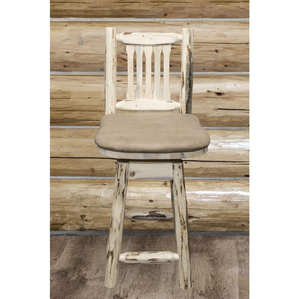 Montana Collection Counter Height Barstool w/ Back & Swivel - Buckskin Upholstery, Clear Lacquer Finish. Picture 3