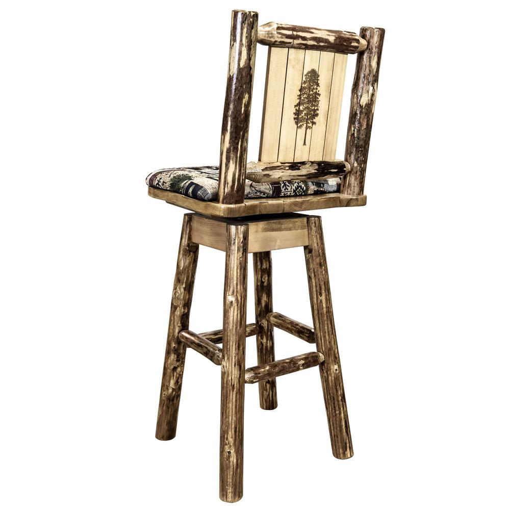 Glacier Country Collection Barstool w/ Back & Swivel, Woodland Pattern Upholstery w/ Laser Engraved Pine Tree Design. Picture 1