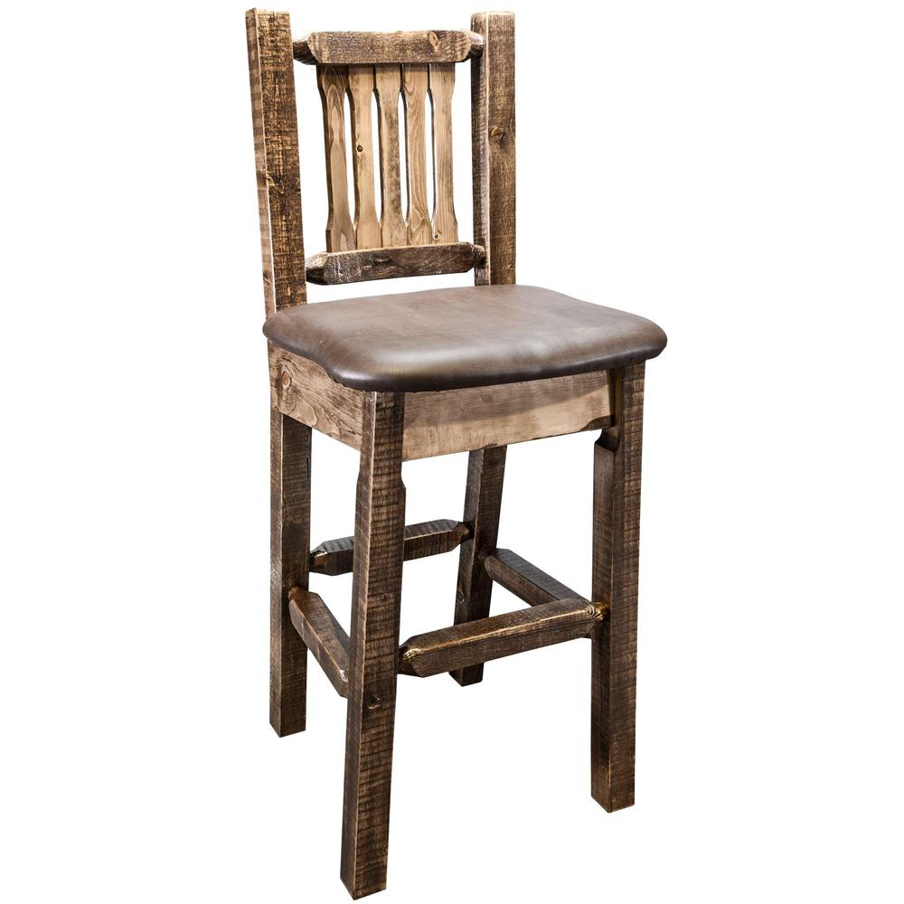 Homestead Collection Barstool w/ Back, Stain & Clear Lacquer Finish w/ Upholstered Seat, Saddle Pattern. Picture 1