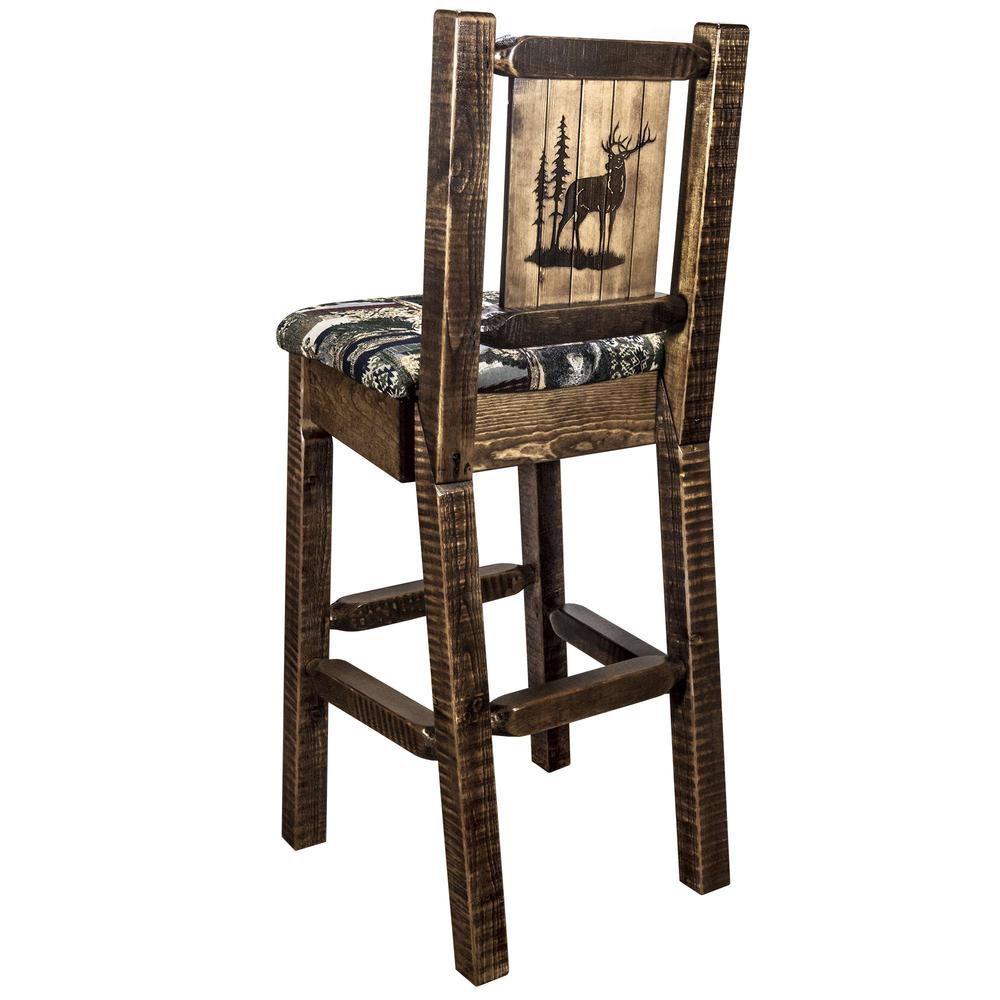 Homestead Collection Barstool w/ Back - Woodland Upholstery, w/ Laser Engraved Elk Design, Stain & Lacquer Finish. Picture 1