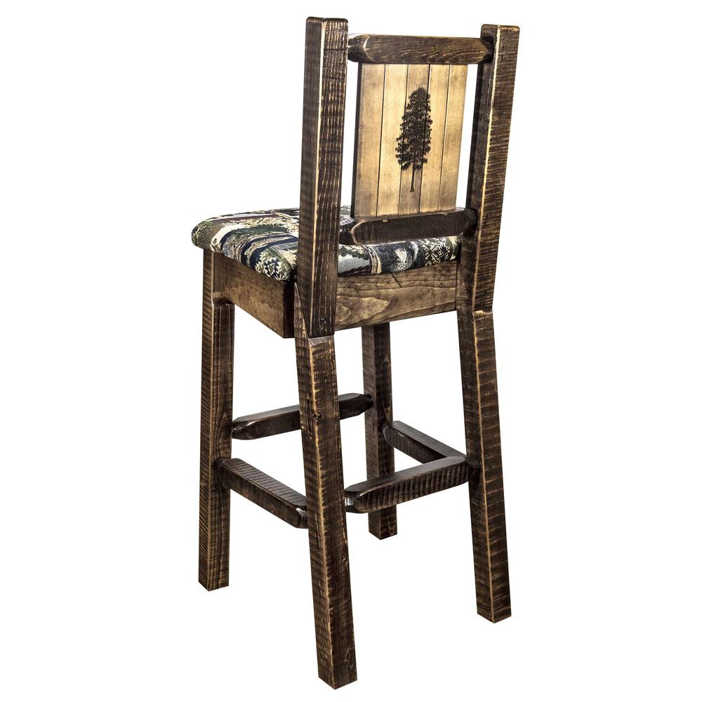 Homestead Collection Barstool w/ Back - Woodland Upholstery, w/ Laser Engraved Pine Tree Design, Stain & Lacquer Finish. Picture 1