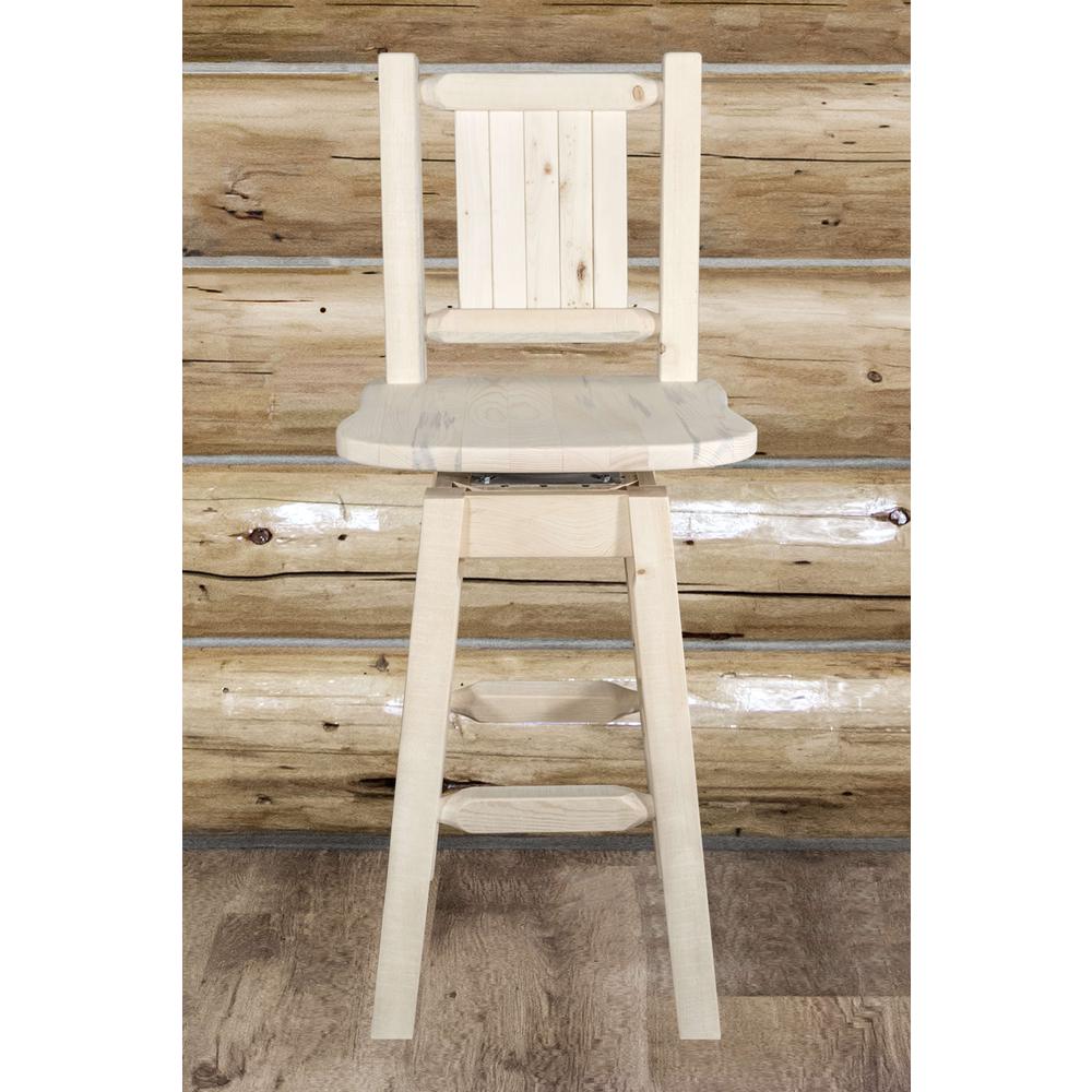 Homestead Collection Barstool w/ Back & Swivel w/ Laser Engraved Moose Design, Clear Lacquer Finish. Picture 9