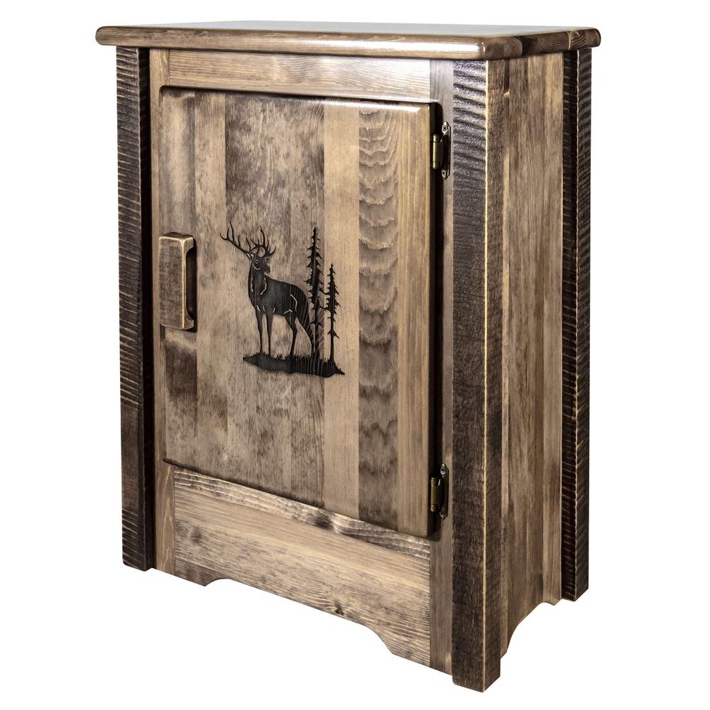 Homestead Collection Accent Cabinet w/ Laser Engraved Elk Design, Right Hinged, Stain & Clear Lacquer Finish. Picture 1