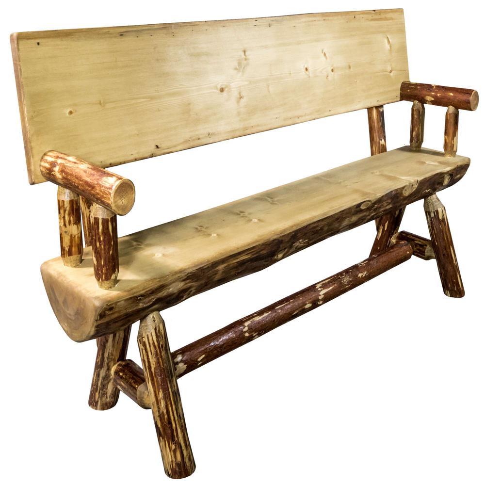 Glacier Country Collection Half Log Bench w/ Back & Arms, Exterior Stain Finish, 4 Foot. Picture 1