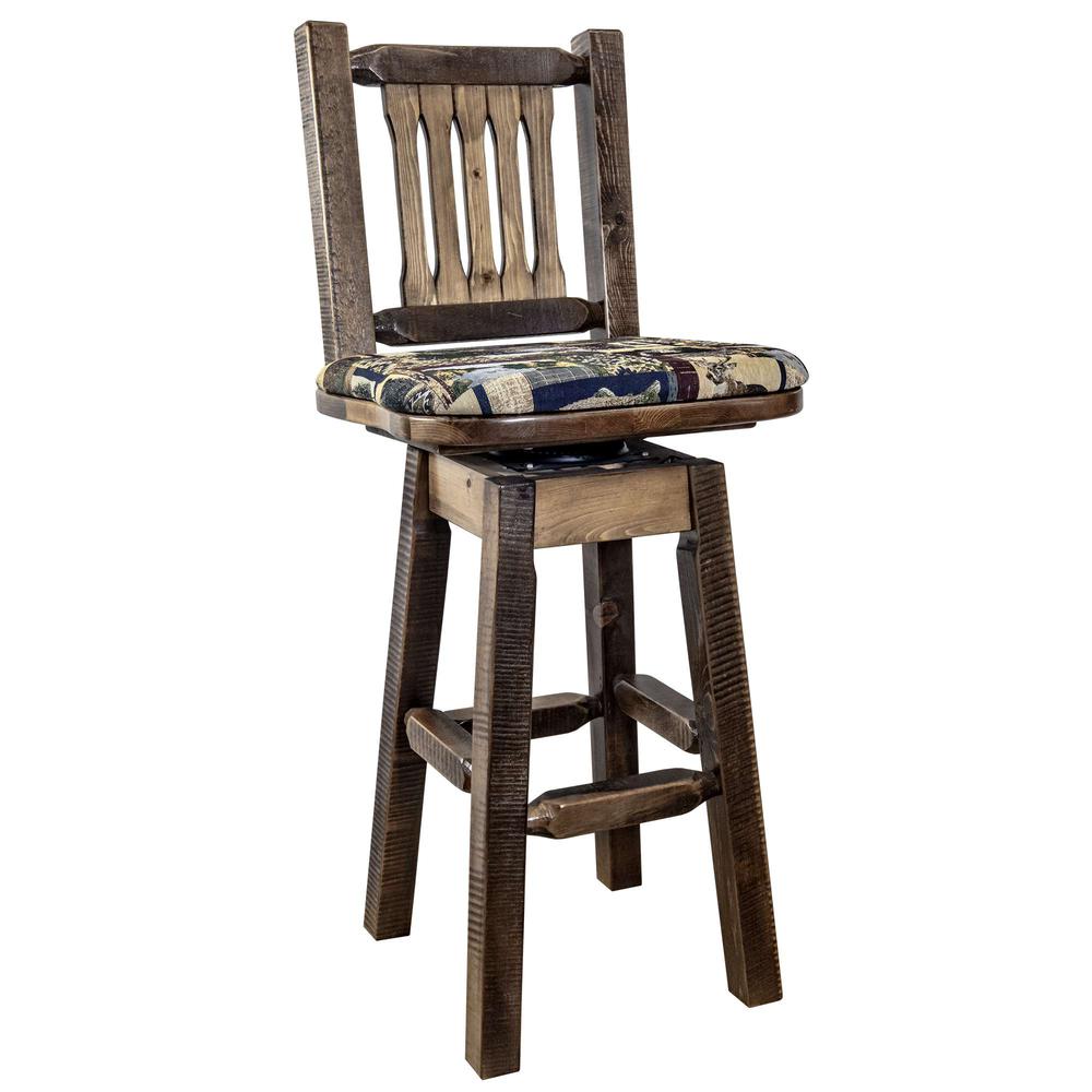 Homestead Collection Barstool w/ Back & Swivel, Stain & Clear Lacquer Finish w/ Upholstered Seat, Woodland Pattern. Picture 1