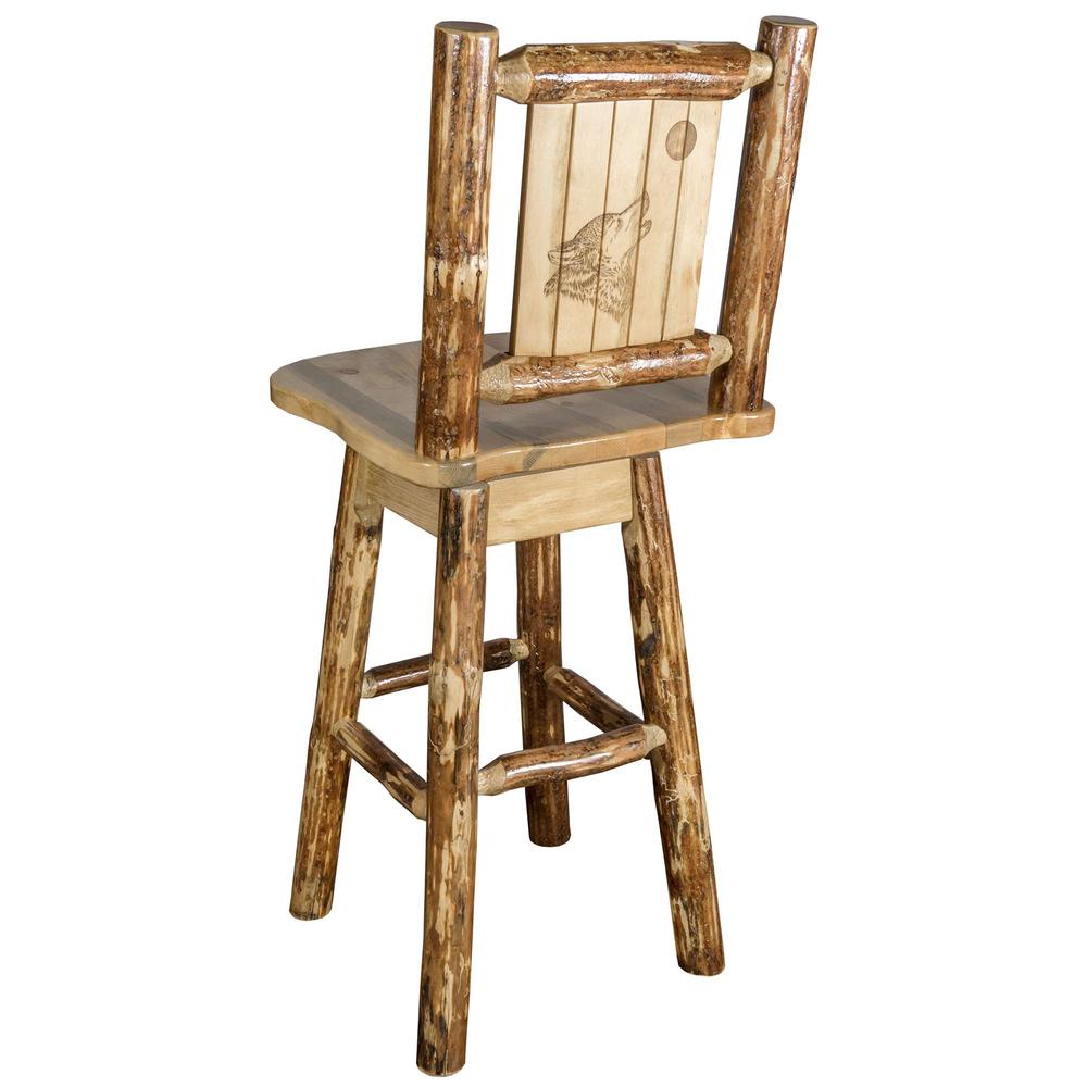 Glacier Country Collection Barstool w/ Back & Swivel w/ Laser Engraved Wolf Design. Picture 1