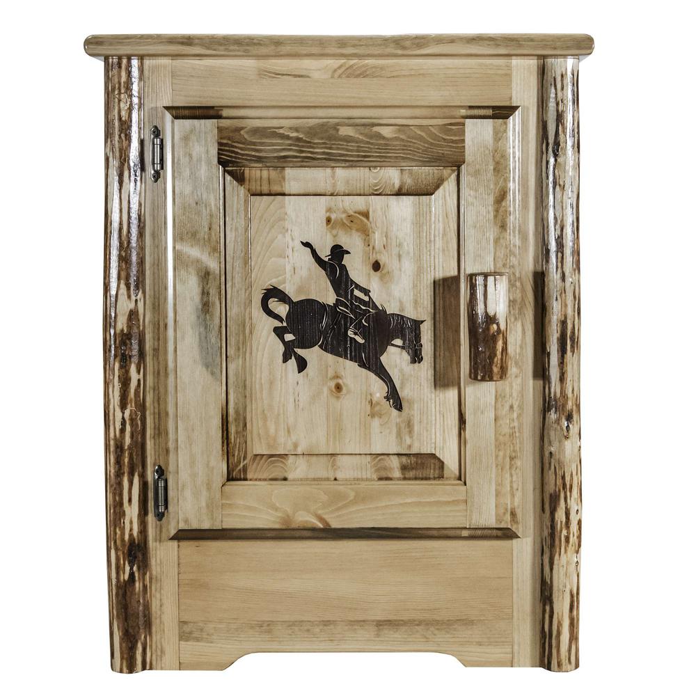 Glacier Country Collection Accent Cabinet w/ Laser Engraved Bronc Design, Left Hinged. Picture 2