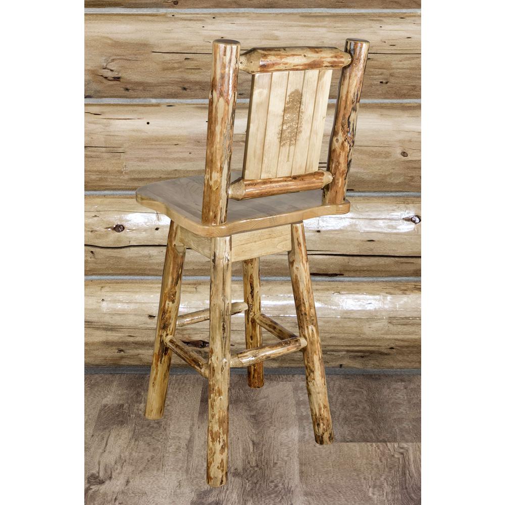 Glacier Country Collection Barstool w/ Back & Swivel w/ Laser Engraved Pine Tree Design. Picture 6