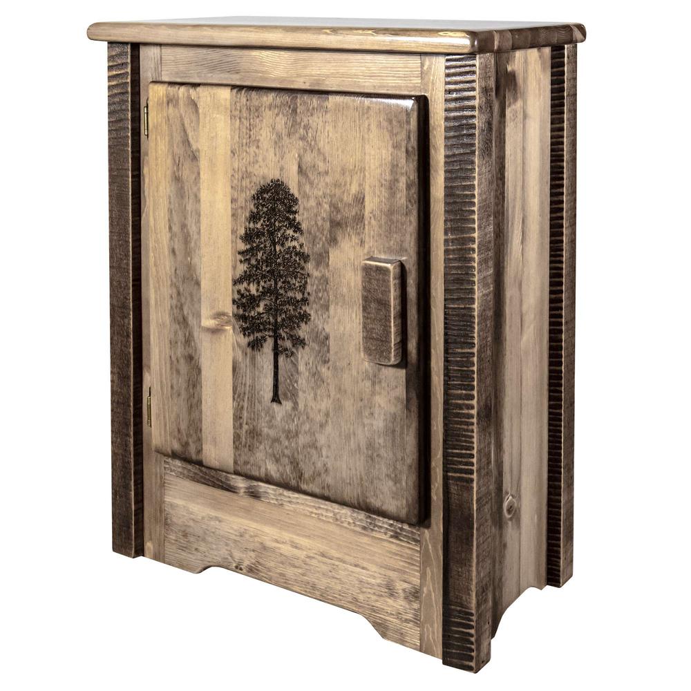Homestead Collection Accent Cabinet w/ Laser Engraved Pine Design, Left Hinged, Stain & Clear Lacquer Finish. Picture 3