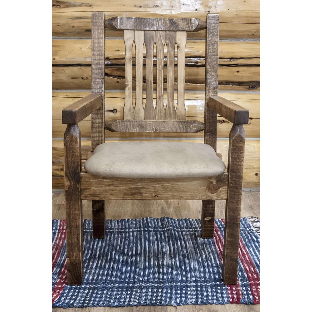 Homestead Collection Captain's Chair, Stain & Clear Lacquer Finish w/ Upholstered Seat, Buckskin Pattern. Picture 3