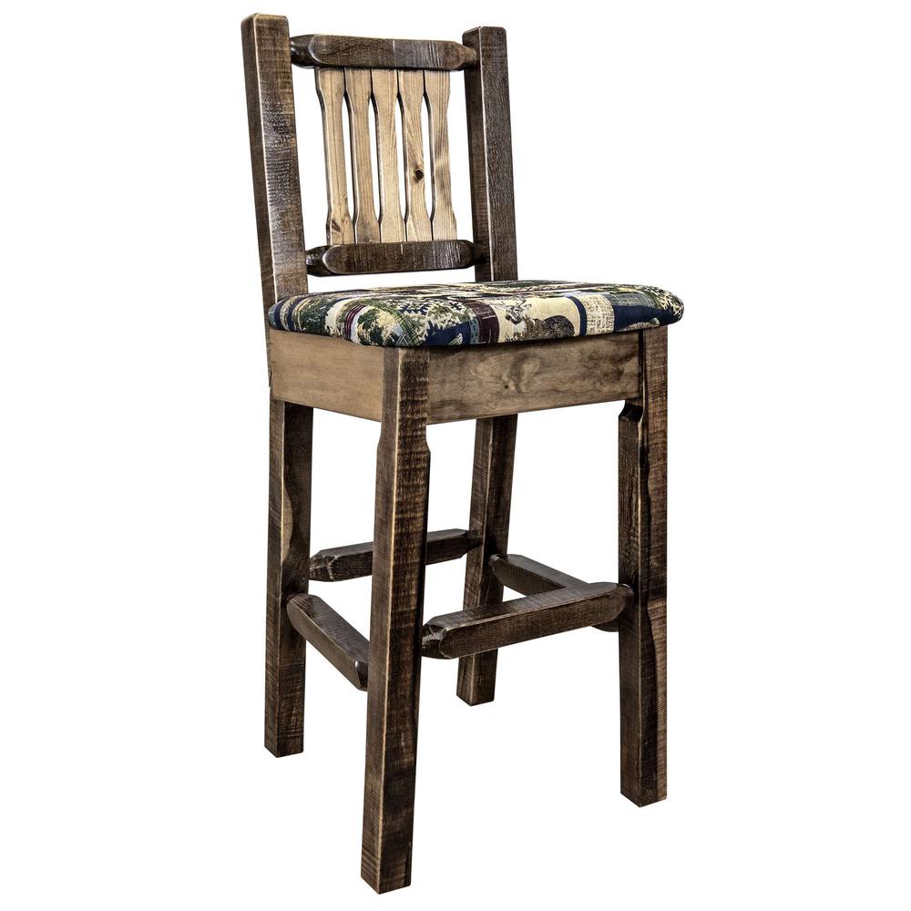 Homestead Collection Barstool w/ Back, Stain & Clear Lacquer Finish w/ Upholstered Seat, Woodland Pattern. Picture 1