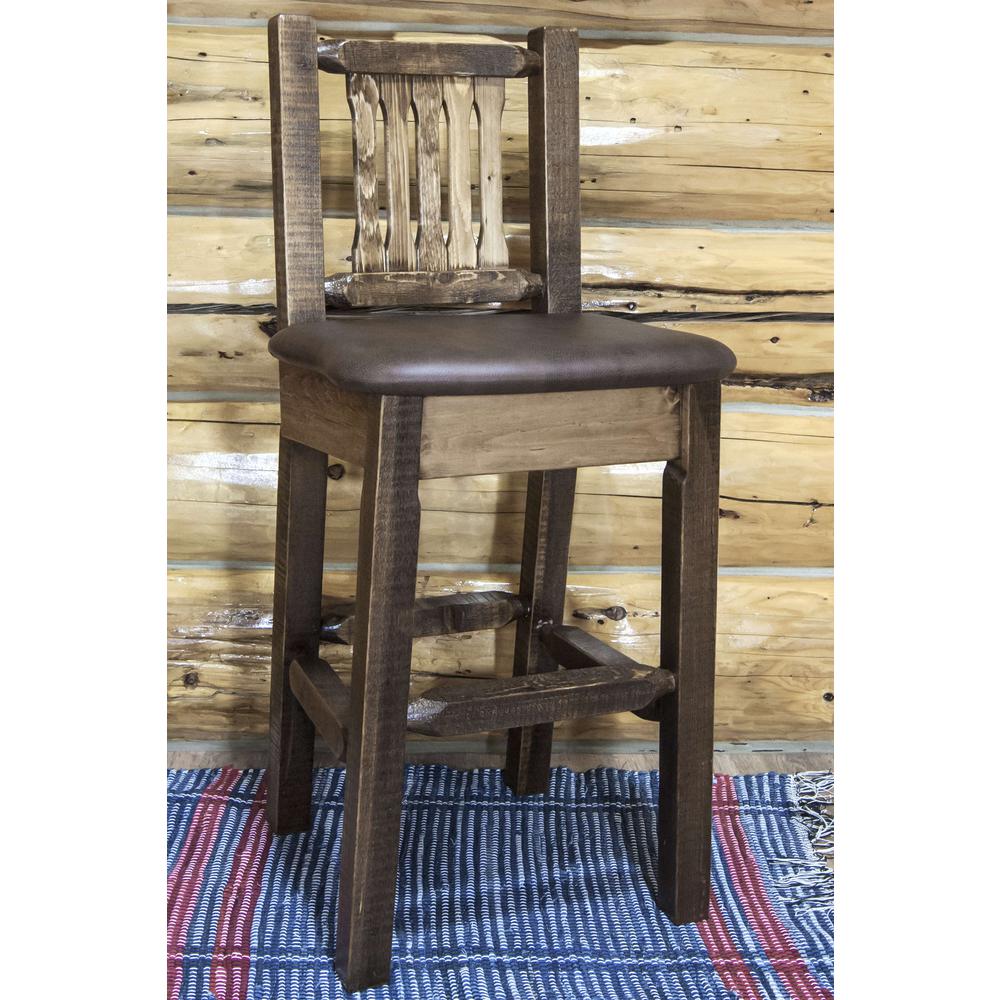 Homestead Collection Barstool w/ Back, Stain & Clear Lacquer Finish w/ Upholstered Seat, Saddle Pattern. Picture 3