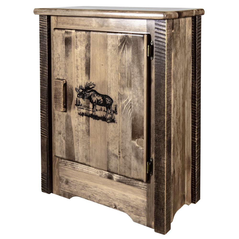 Homestead Collection Accent Cabinet w/ Laser Engraved Moose Design, Right Hinged, Stain & Clear Lacquer Finish. Picture 1