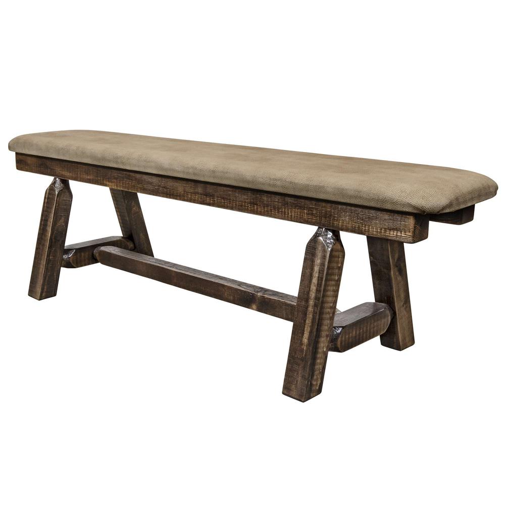 Homestead Collection Plank Style Bench, Stain & Clear Lacquer Finish, 5 Foot w/ Buckskin Upholstery. Picture 3