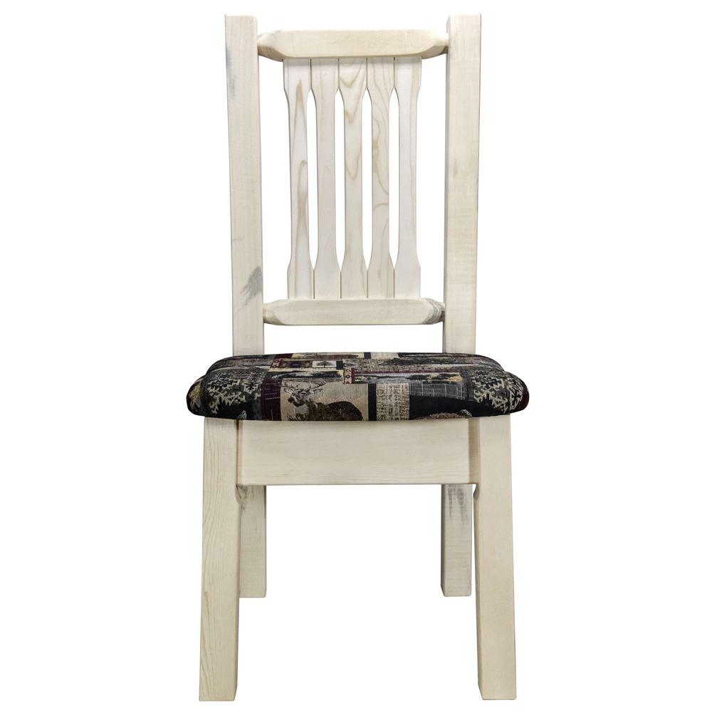 Homestead Collection Side Chair, Clear Lacquer Finish w/ Upholstered Seat, Woodland Pattern. Picture 2